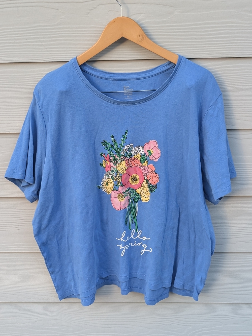 Kim Rogers Shirt Size 2XL Blue Hello Spring Print Short Sleeves Cozy Casual